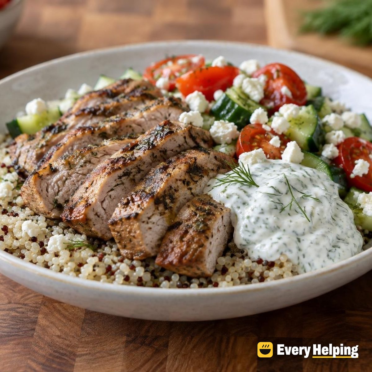 Greek-Style Pork Souvlaki Quinoa Bowls with Tzatziki