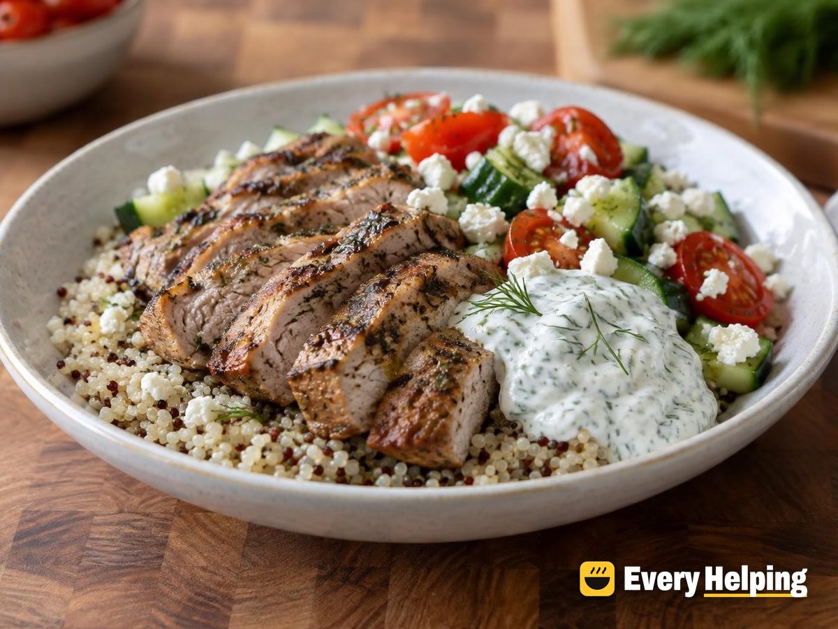 Greek-Style Pork Souvlaki Quinoa Bowls with Tzatziki
