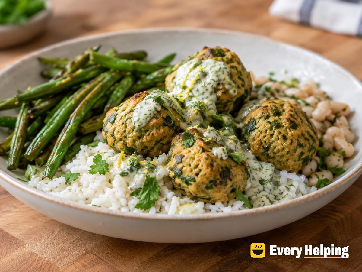 Baked Tofu Herb Balls with Green Herb Sauce