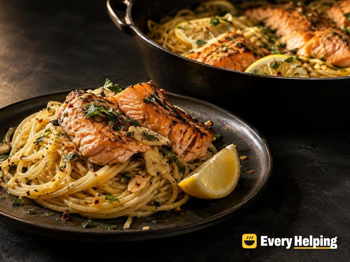 Garlic Olive Oil Spaghetti with Seared Salmon