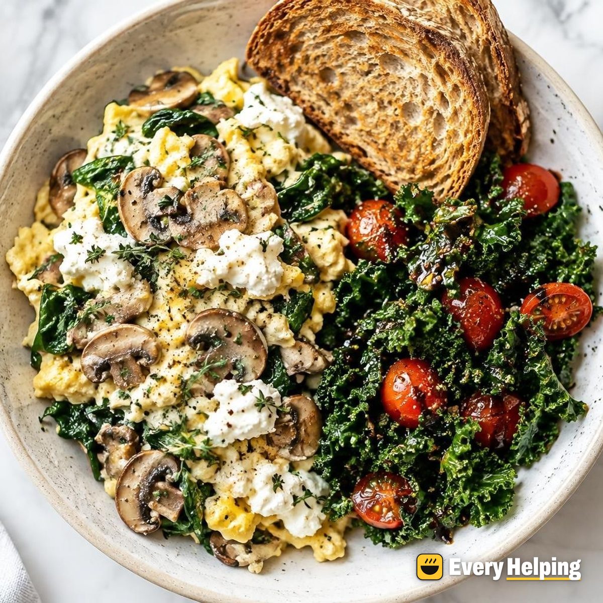 Garlicky Mushroom Ricotta Scramble with Balsamic Kale
