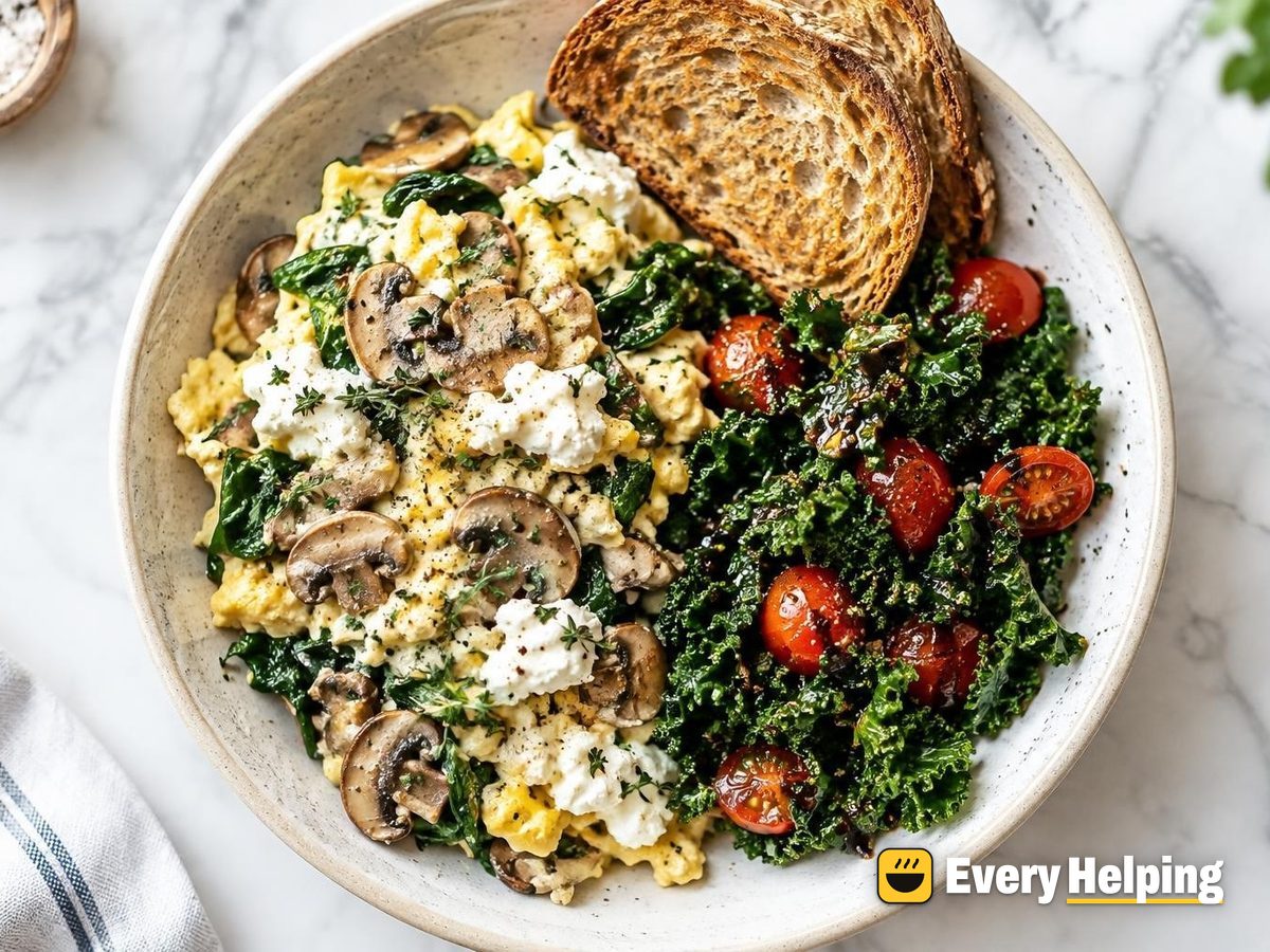 Garlicky Mushroom Ricotta Scramble with Balsamic Kale