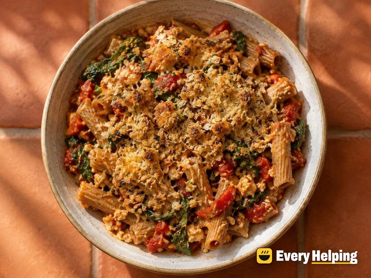 Tomato-Basil Tofu Ziti Bake with Oat Crumb