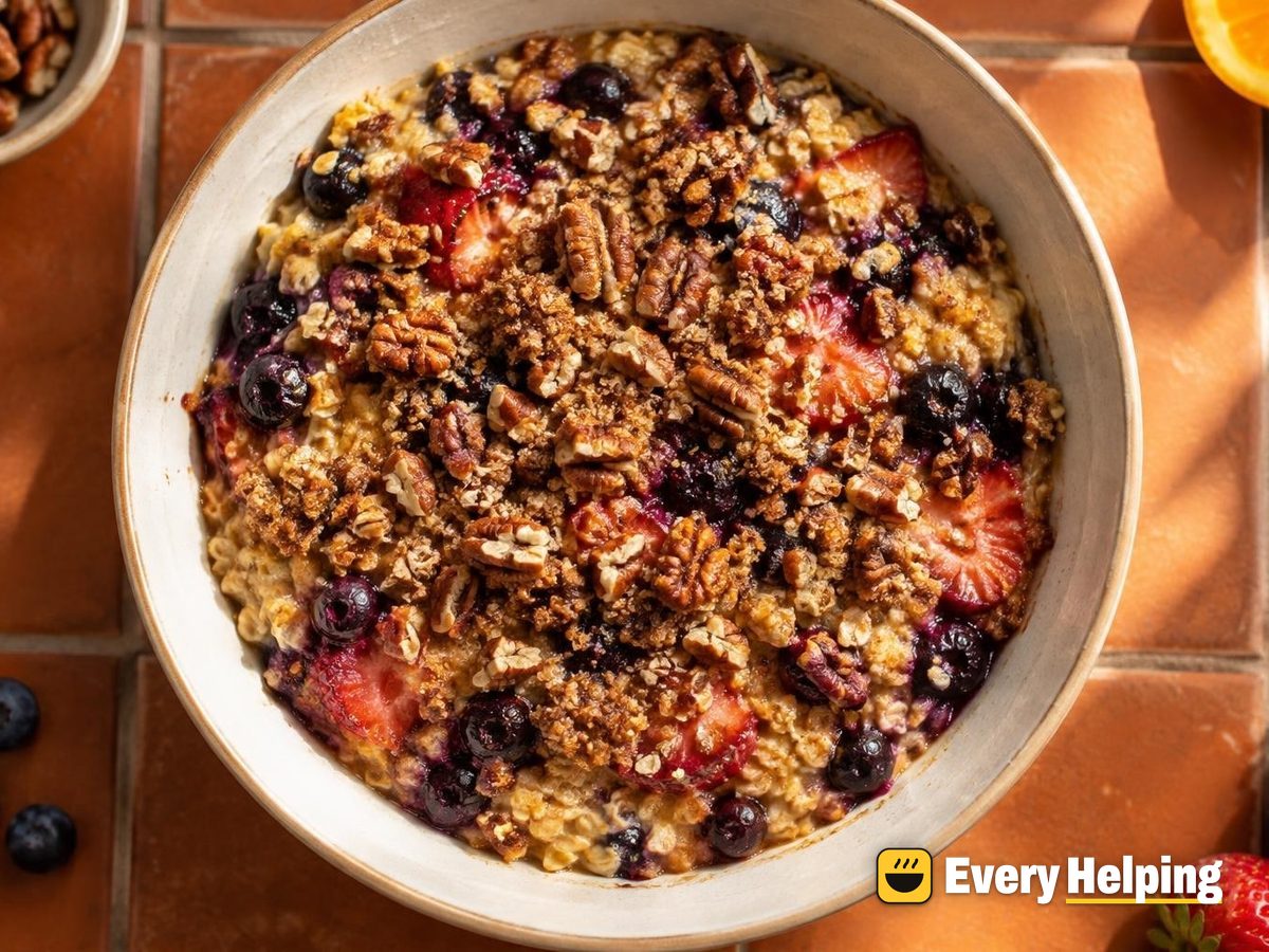 Blueberry Cardamom Baked Oatmeal with Pecan Crumble