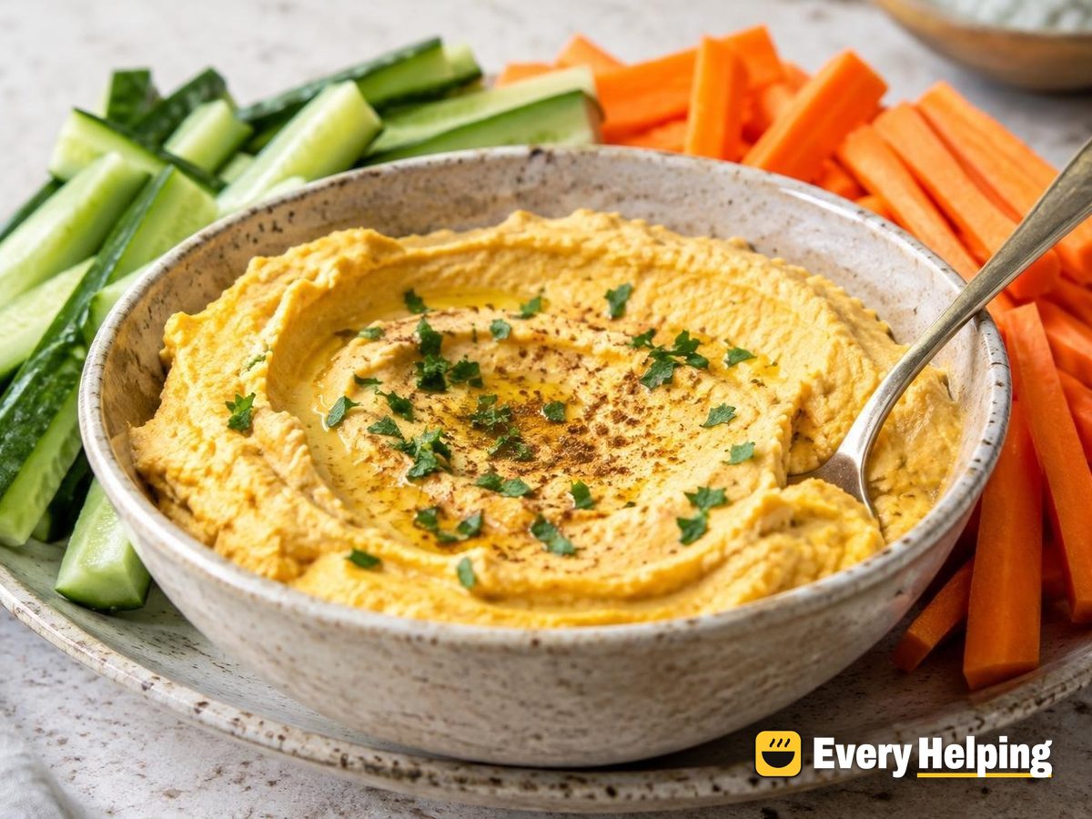 Lemon Red Lentil Hummus with Cucumber and Carrots