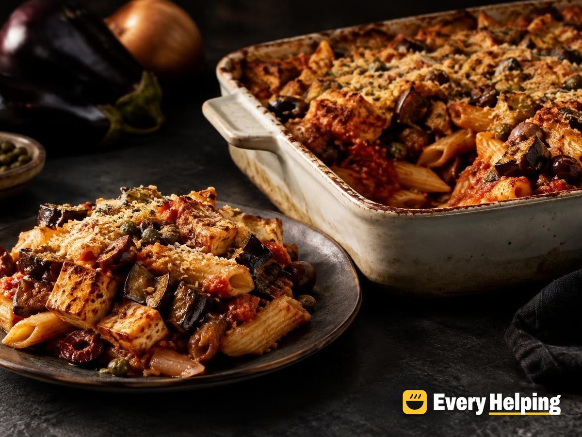 Roasted Eggplant, Olive and Tofu Penne Bake