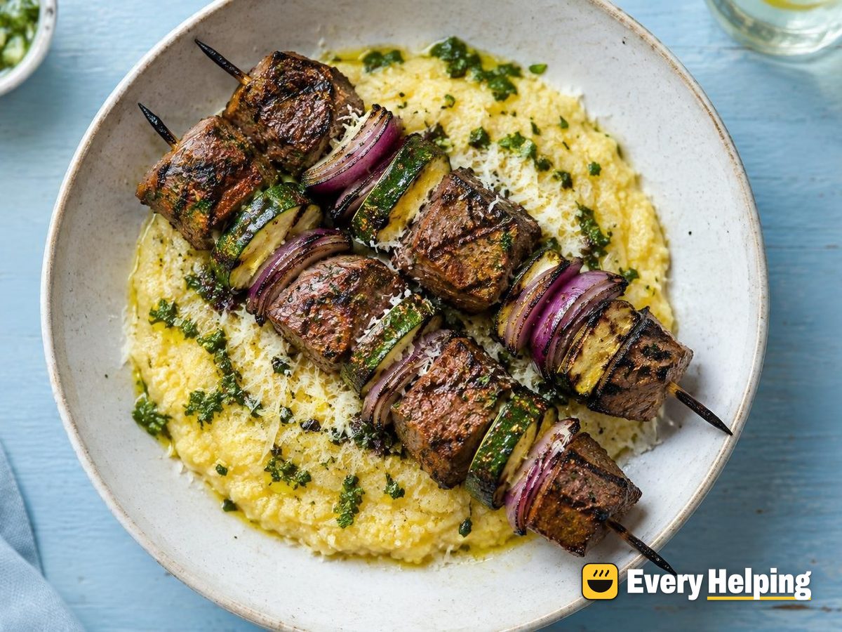 Smoky Sirloin Spiedini with Zucchini and Polenta