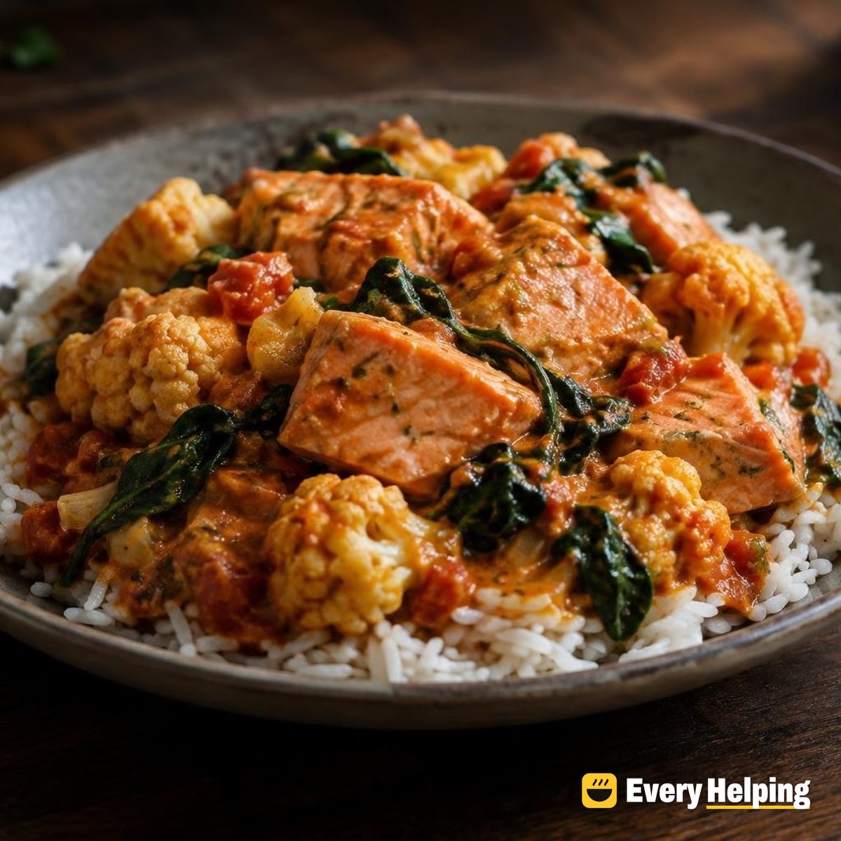 Salmon Coconut Tomato Curry with Cauliflower