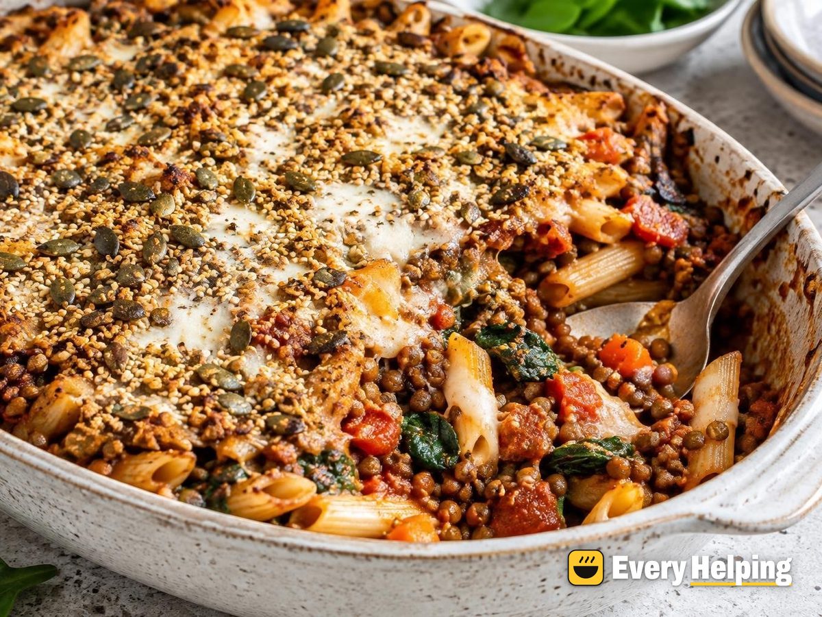 Lentil Tomato Pasta Bake with Seed Crust