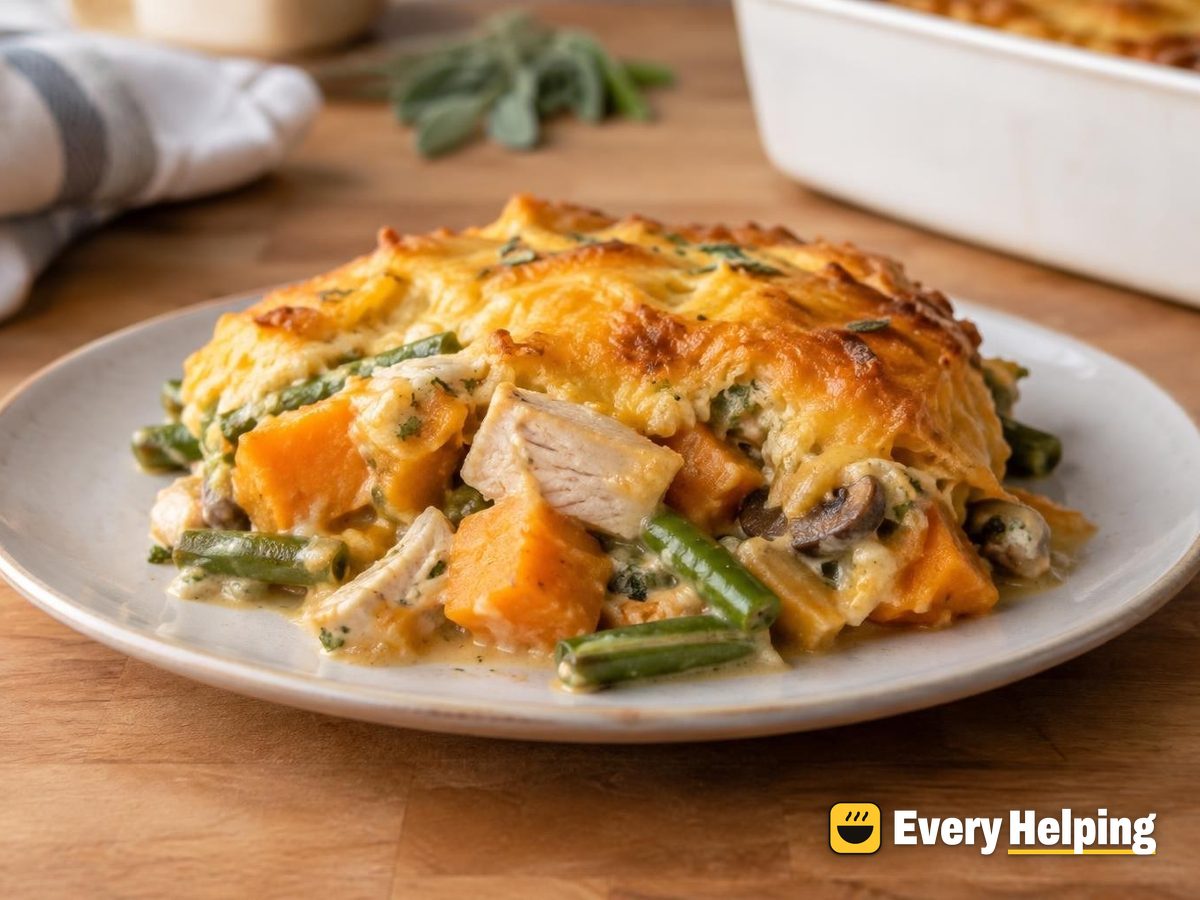 Turkey, Sweet Potato and Green Bean Cheddar Bake
