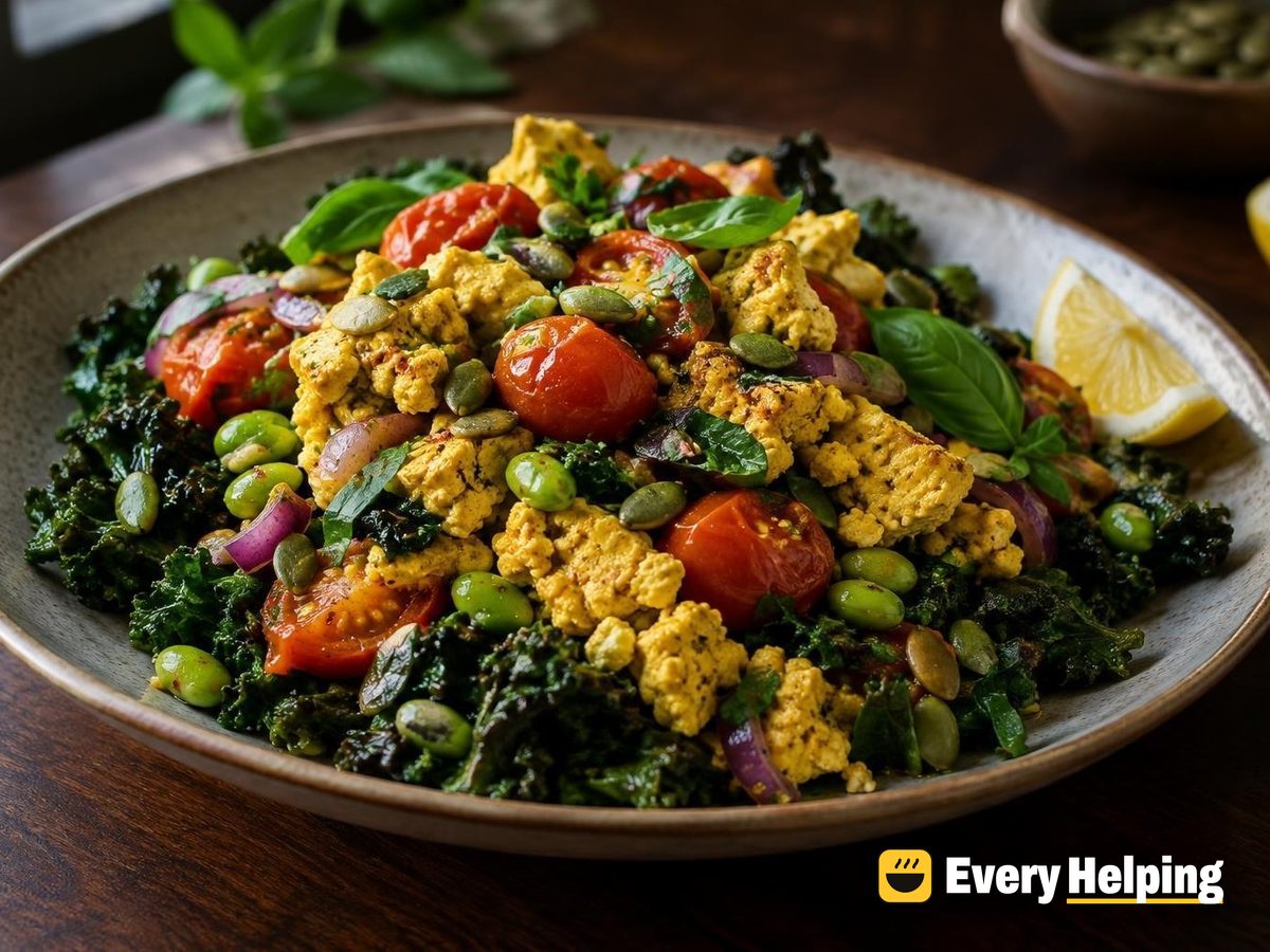 Tomato-Basil Tofu Scramble with Garlicky Kale