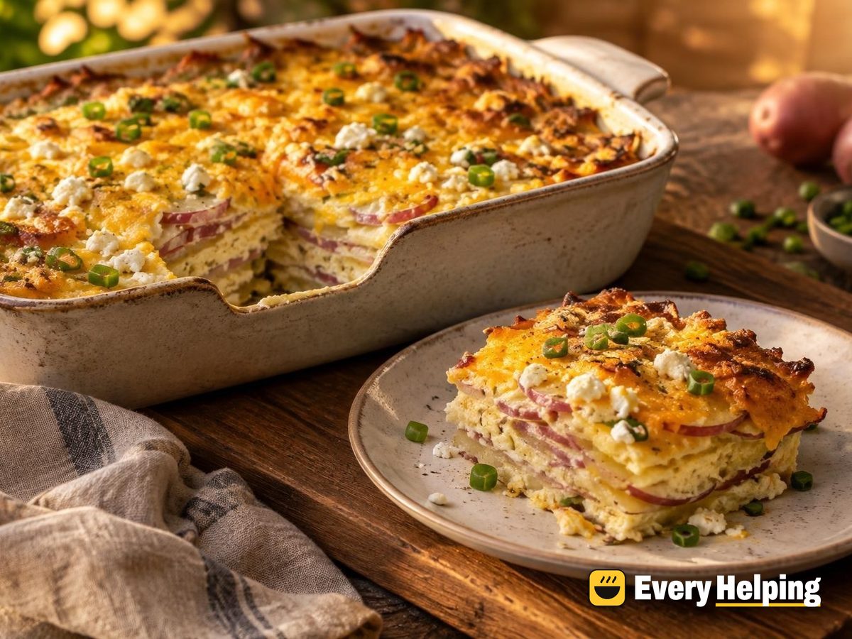 Layered Cheddar-Feta Potato Breakfast Gratin