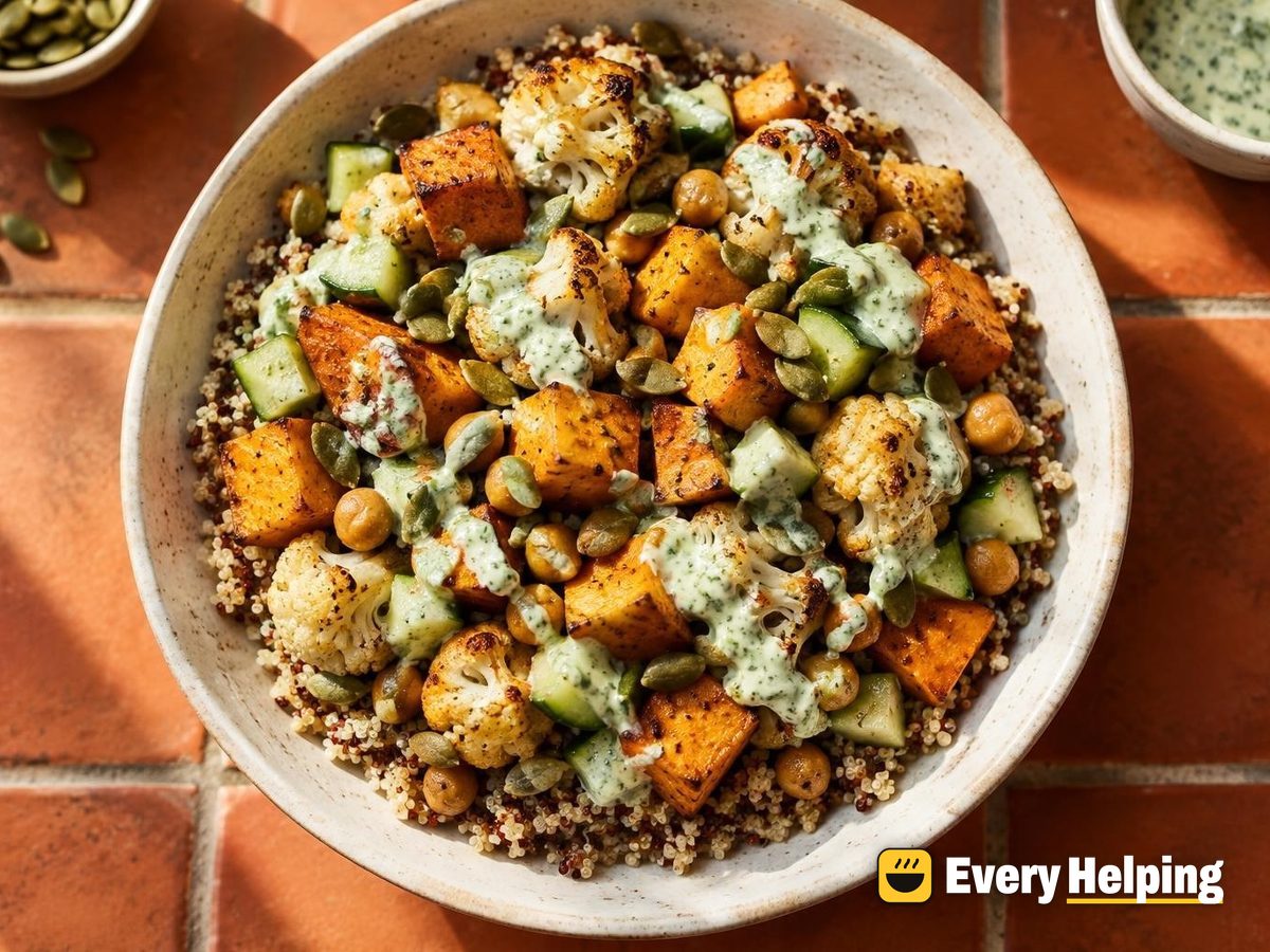 Roasted Sweet Potato Quinoa Bowls with Green Herb Sauce