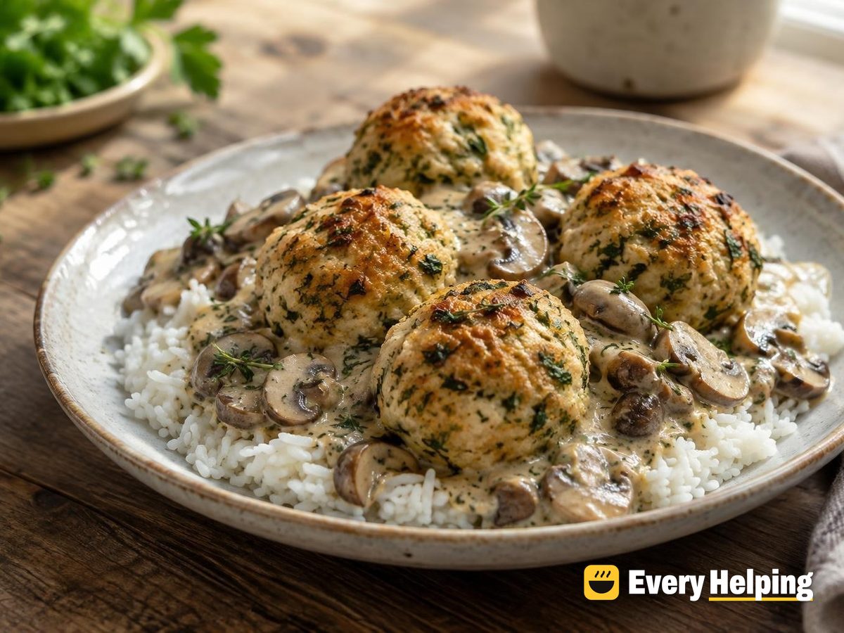Herbed Tofu Balls with Mushroom Pan Sauce