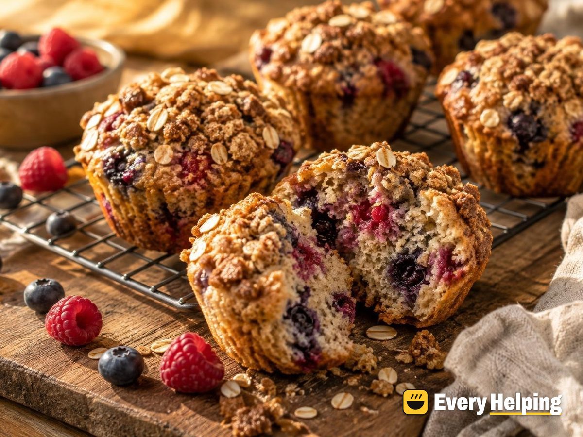 Blueberry Raspberry Oat Muffins with Oat Crumble