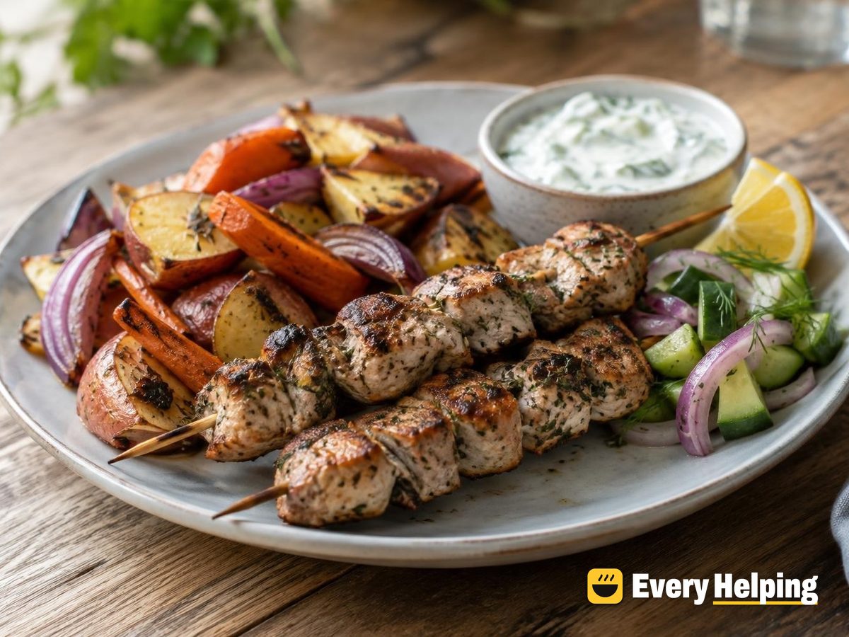 Garlic Herb Pork Souvlaki with Roasted Roots