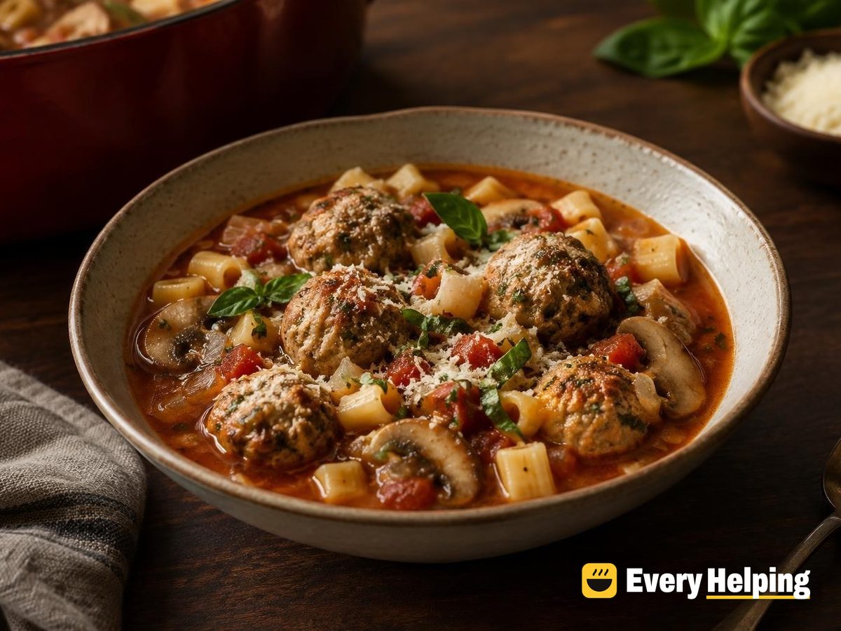 Pork Meatball and Mushroom Tomato Noodle Soup