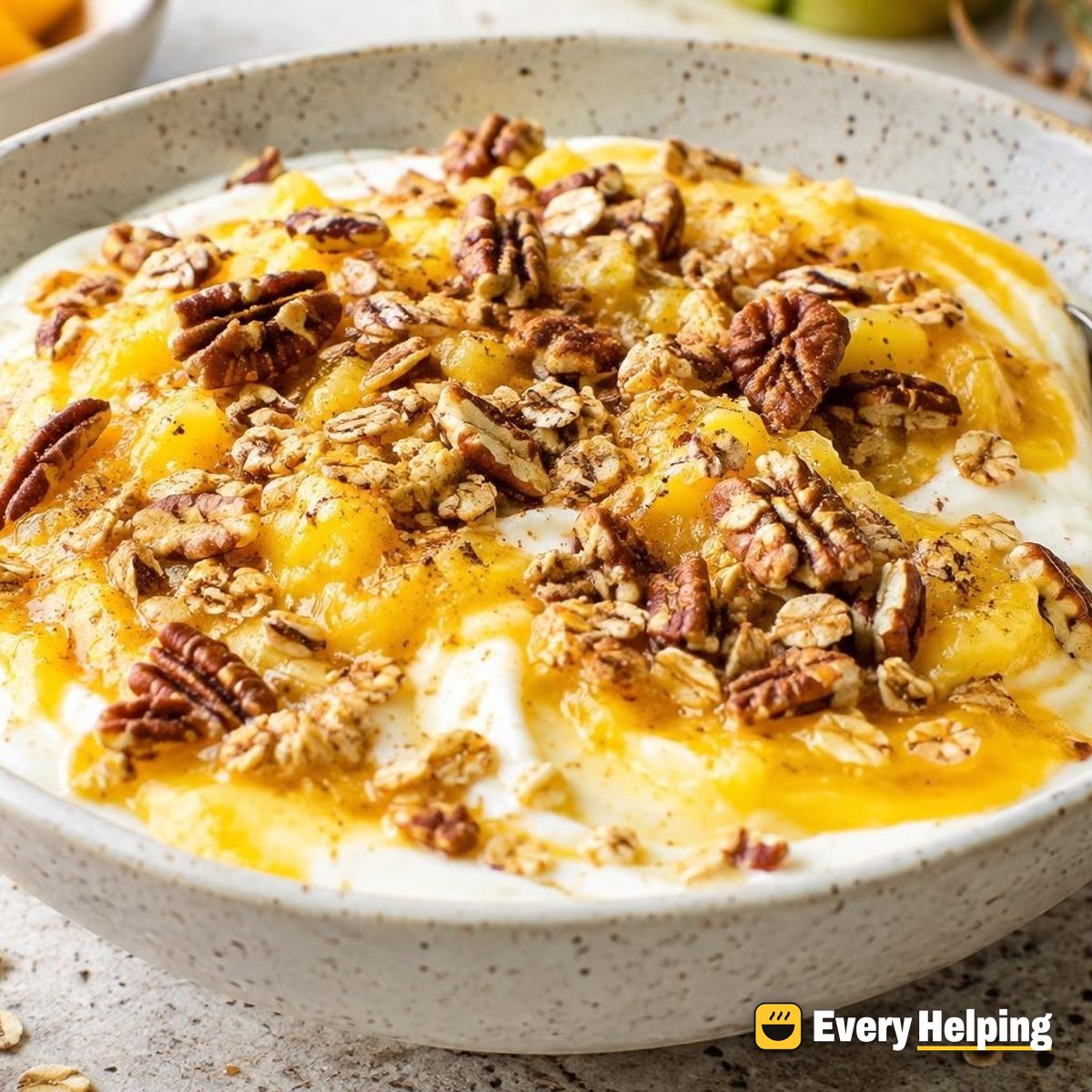 Stirred Yogurt with Mango-Pineapple and Pecan Crunch