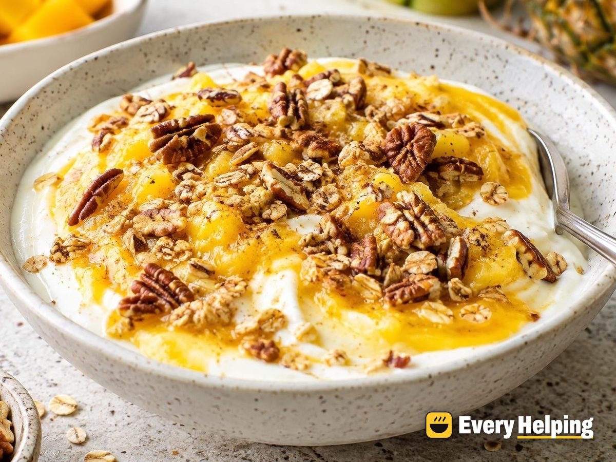 Stirred Yogurt with Mango-Pineapple and Pecan Crunch
