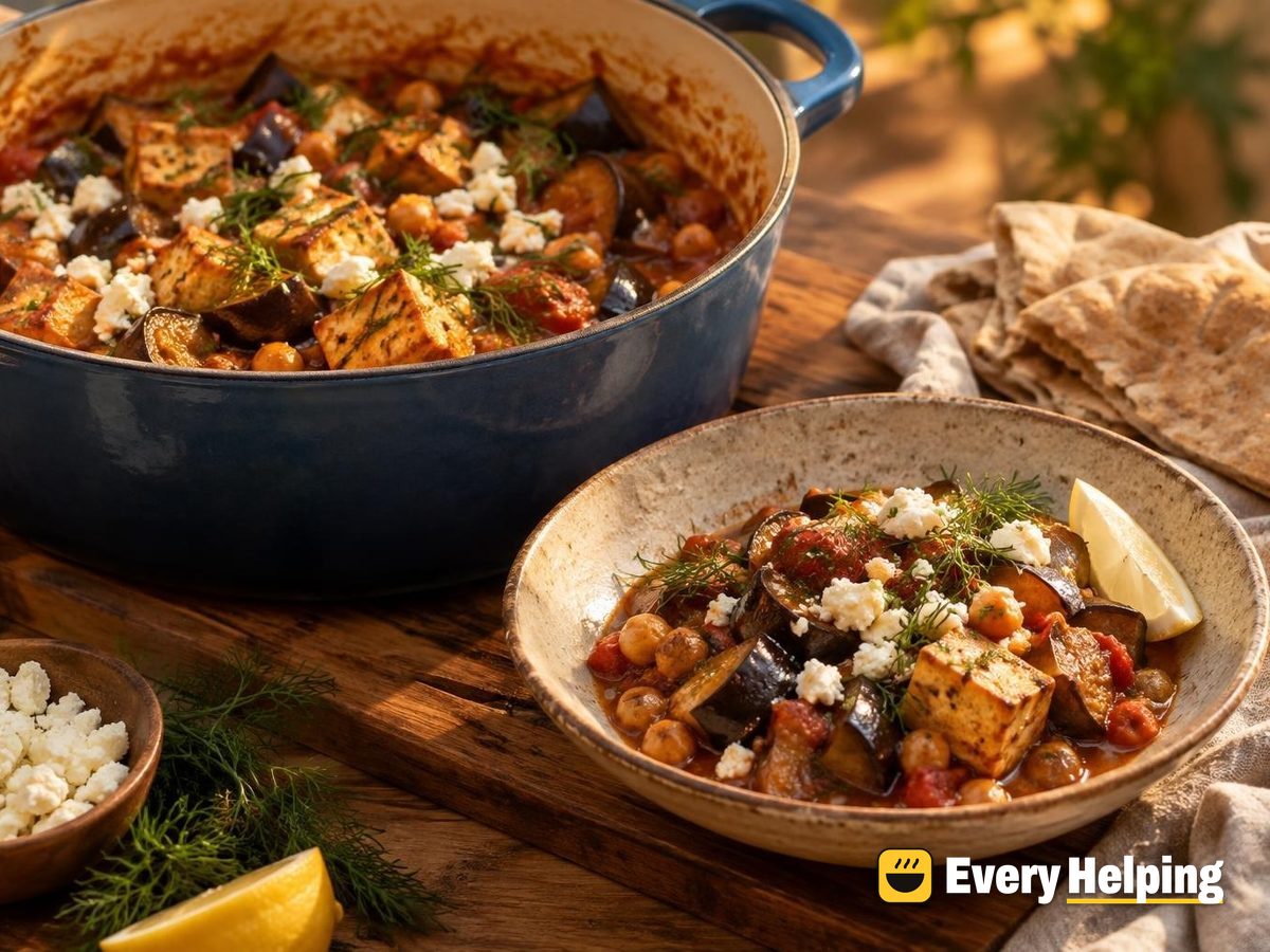 Greek-Style Tofu and Eggplant Stew with Feta