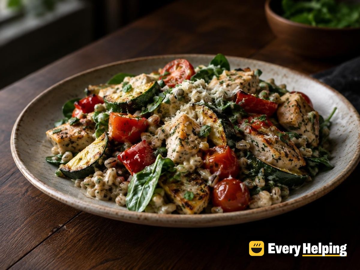 Farro-Style Barley Chicken Salad with Basil Tahini