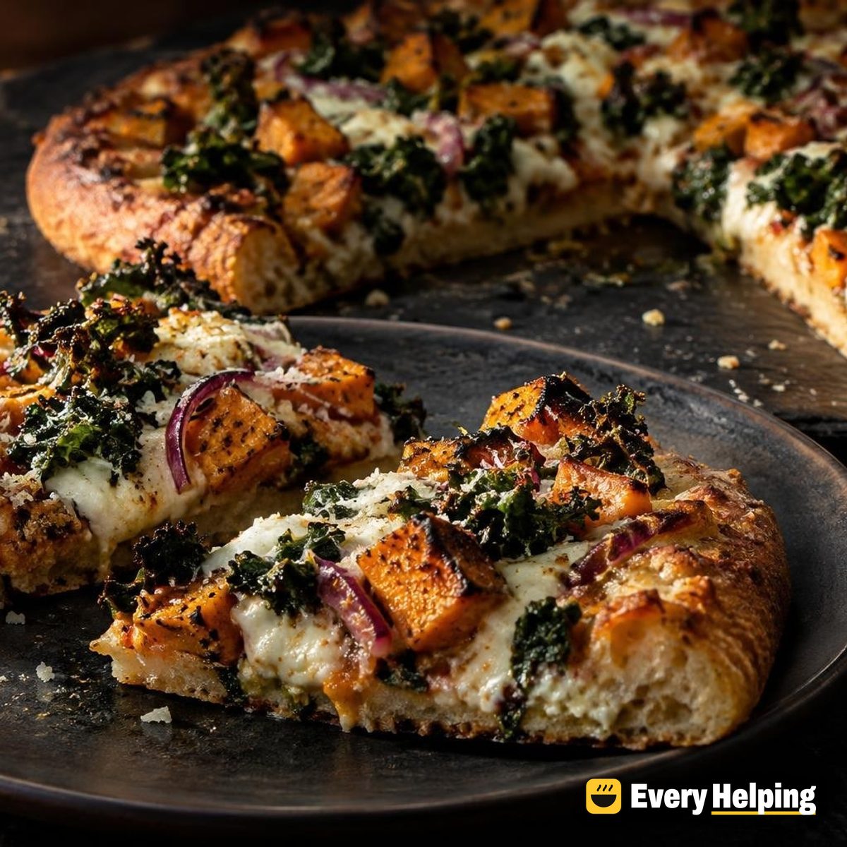 Roasted Sweet Potato, Kale and Ricotta Pan Pizzas