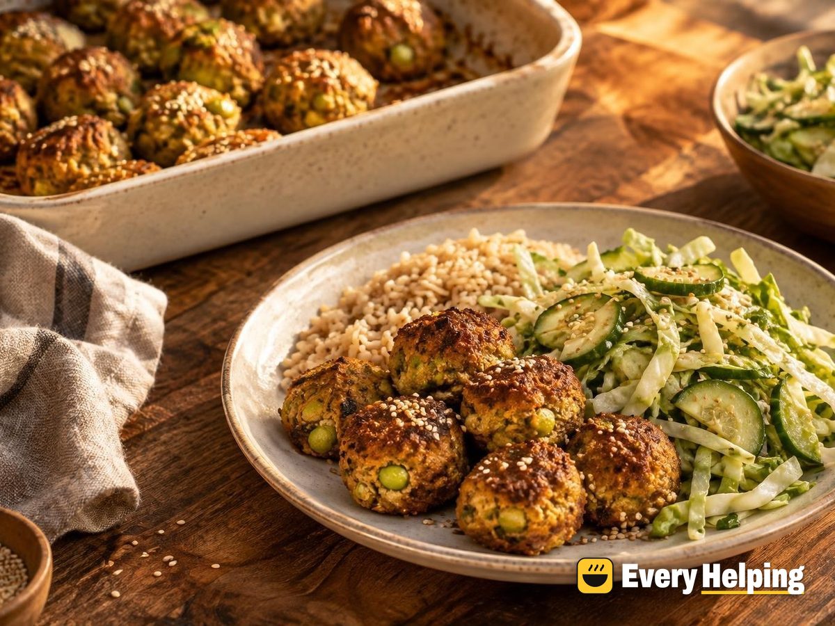 Ginger-Sesame Tofu Edamame Balls with Crunchy Salad
