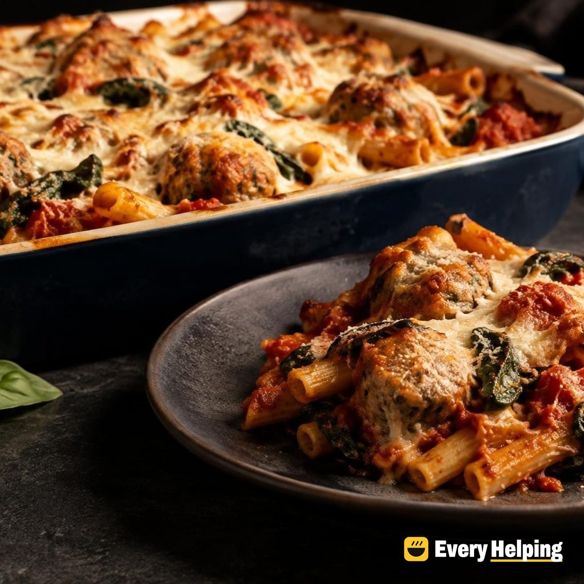 Baked Turkey Meatball Ziti with Basil and Spinach