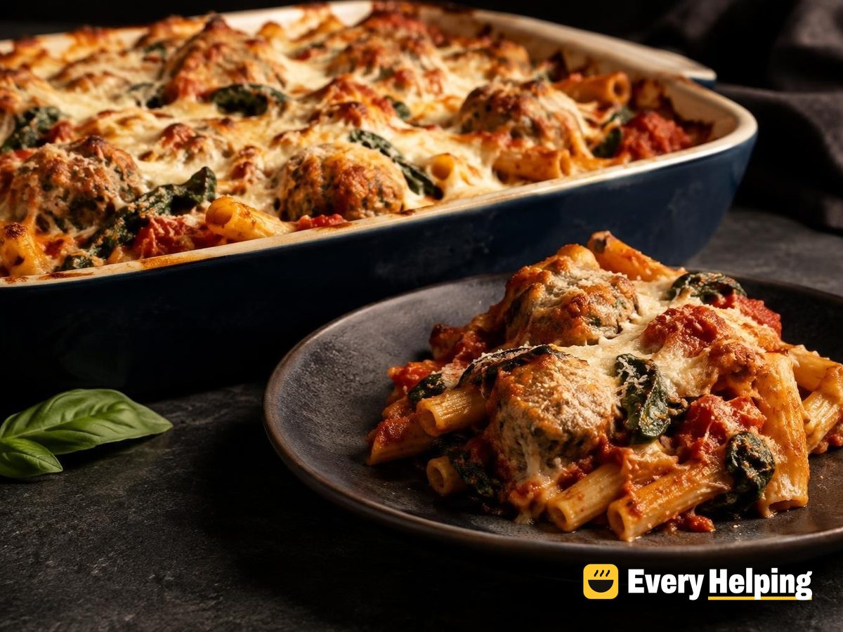 Baked Turkey Meatball Ziti with Basil and Spinach