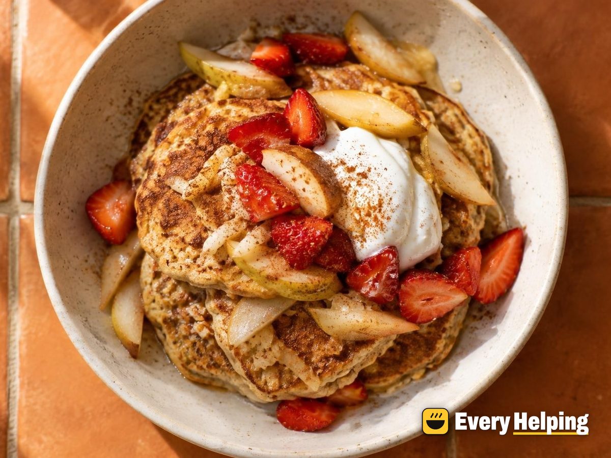 Fluffy Apple Cinnamon Oat Pancakes with Pear