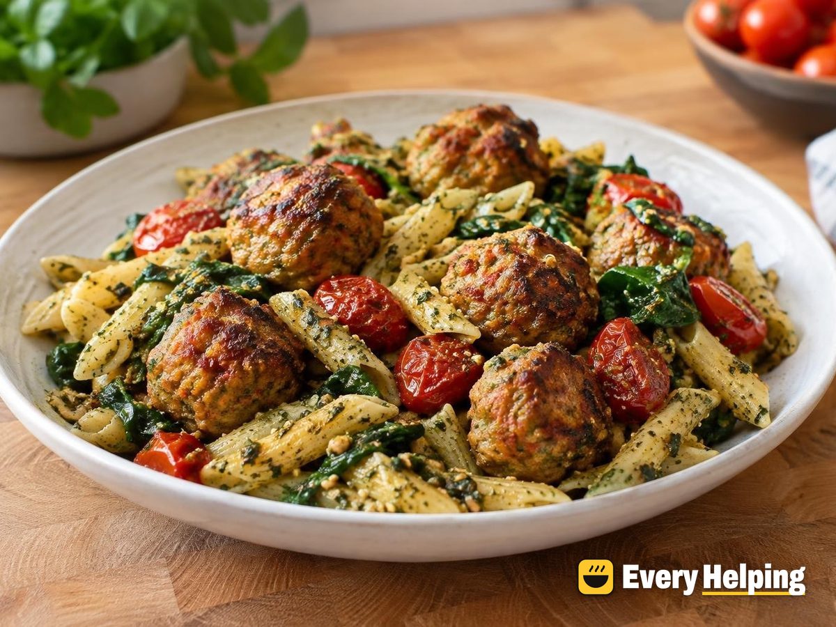 Baked Harissa-Spiced Turkey Meatballs with Pesto Pasta