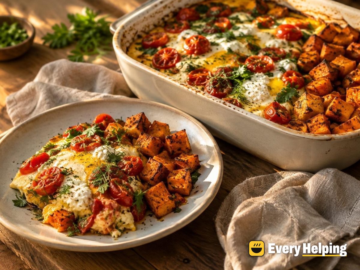Garlicky Tomato-Parsley Scramble with Crispy Sweet Potatoes