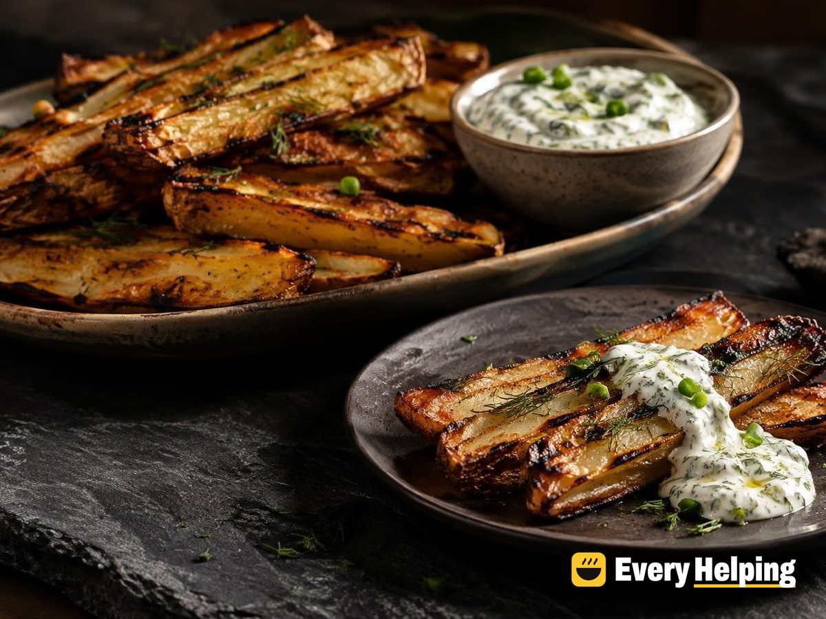 Grilled Potato Planks with Garlic-Dill Yogurt