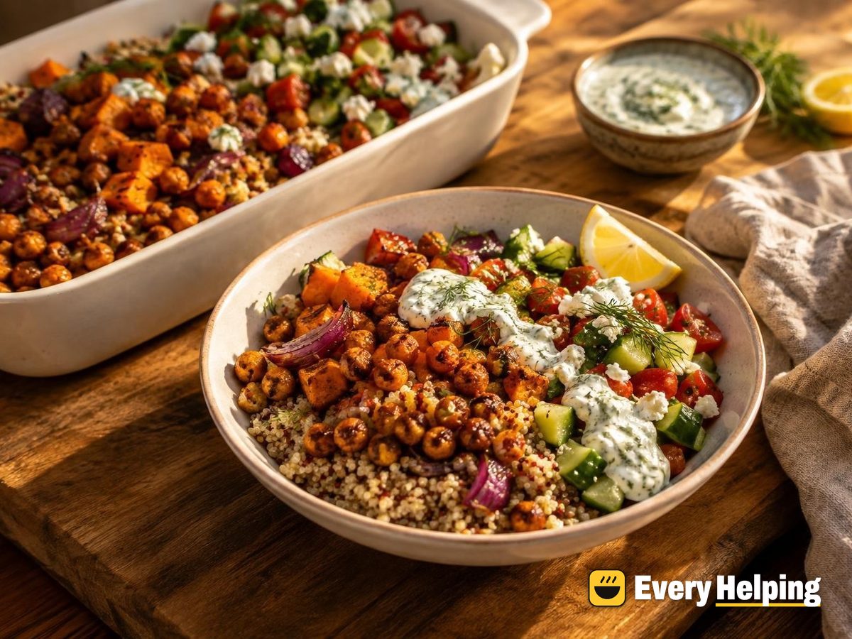 Crispy Spiced Chickpea Quinoa Bowls with Lemon-Dill Yogurt