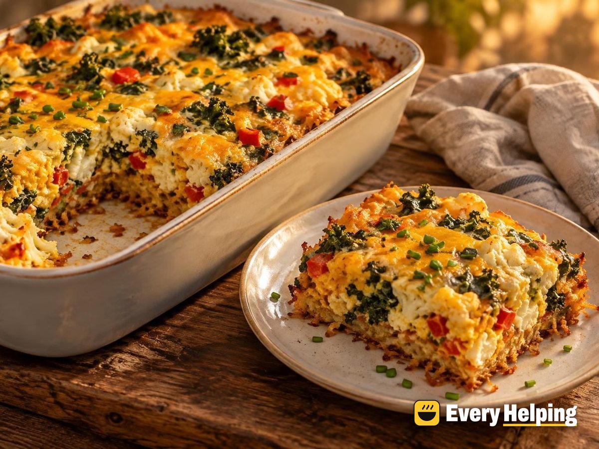 Cauliflower Kale Cheddar Egg Bake with Hash Browns