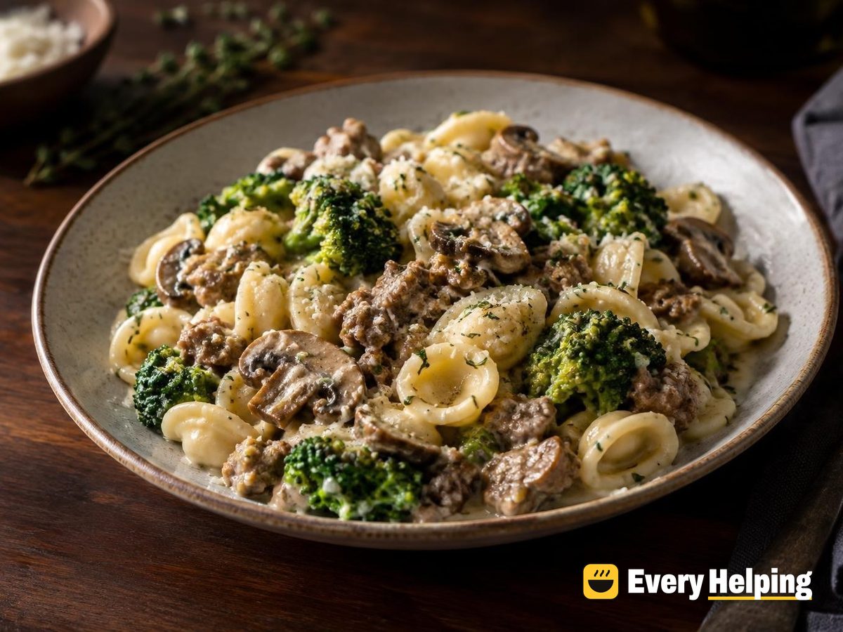Creamy Mushroom Pork Orecchiette with Broccoli