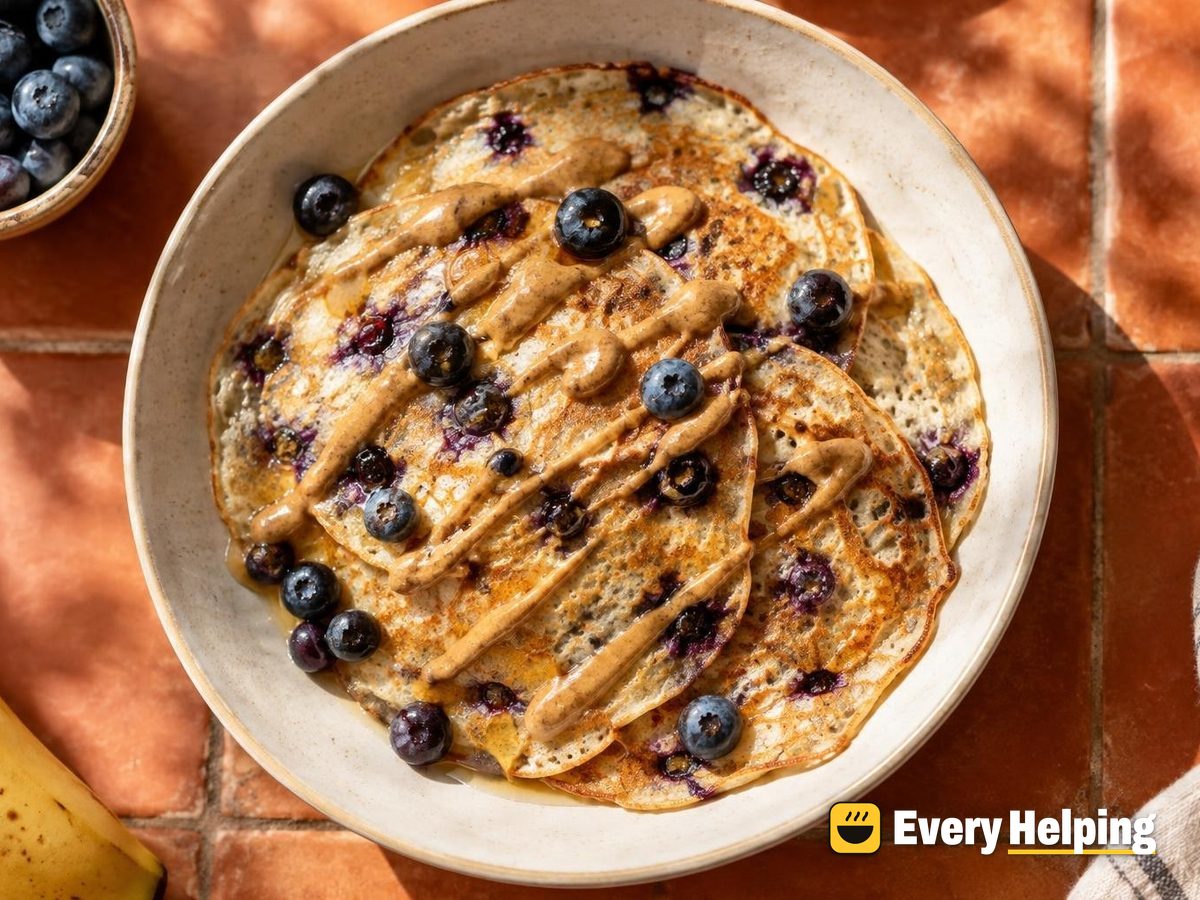 Thin Banana Blueberry Pancakes with Almond Butter