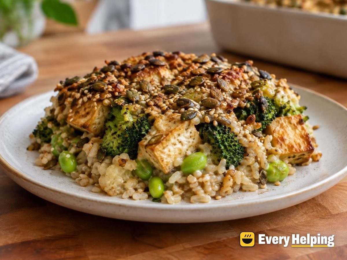 Miso-Ginger Tofu Rice Bake with Seed Crust
