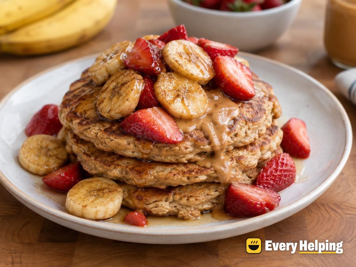 Peanut Butter Banana Oat Pancakes with Strawberries