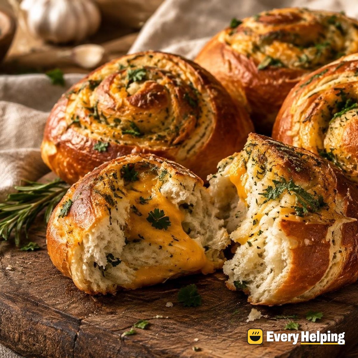Garlic Rosemary Cheddar Pretzel Swirl Rolls