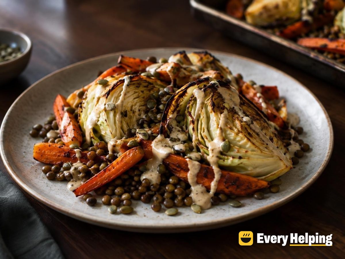 Roasted Cabbage Wedges with Lentils and Maple Tahini