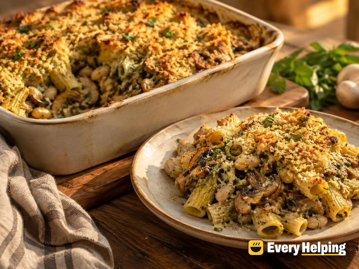 Baked Cannellini Mushroom Rigatoni with Herb Pesto