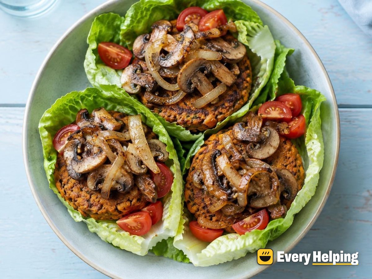 Sweet Potato Lentil Burgers with Mushroom-Onion Topping