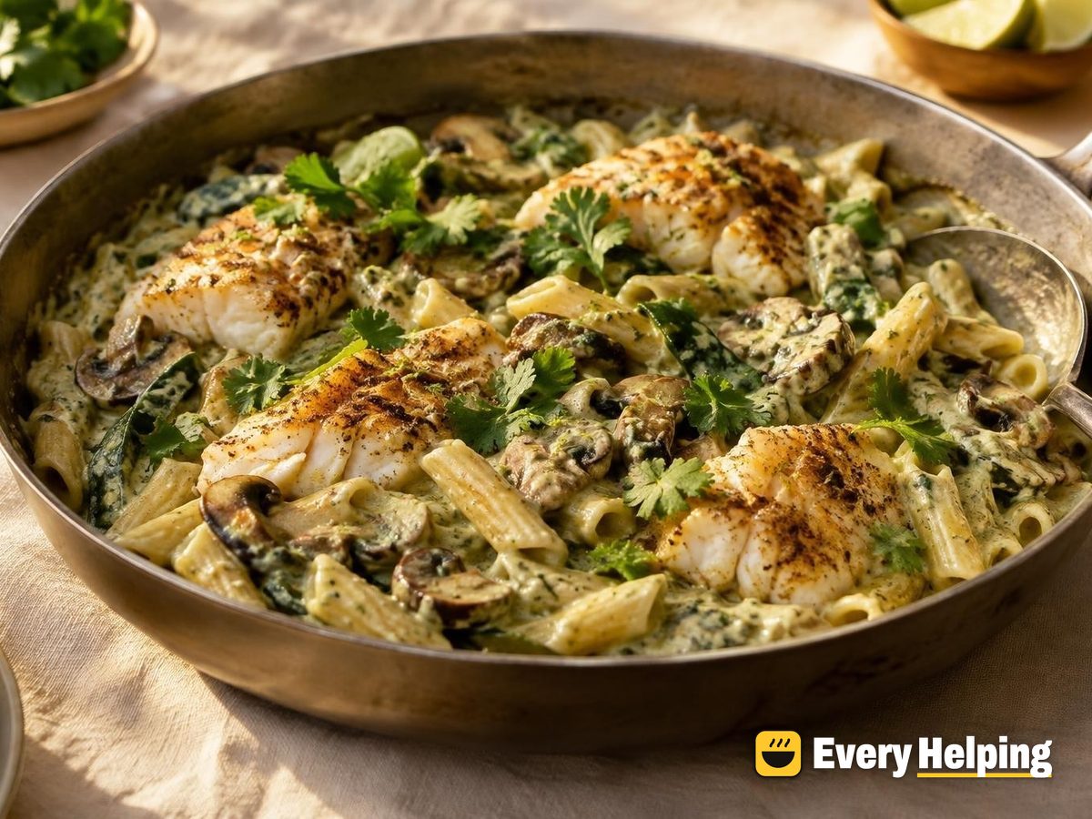 Creamy Poblano-Style Mushroom Pasta with Cod