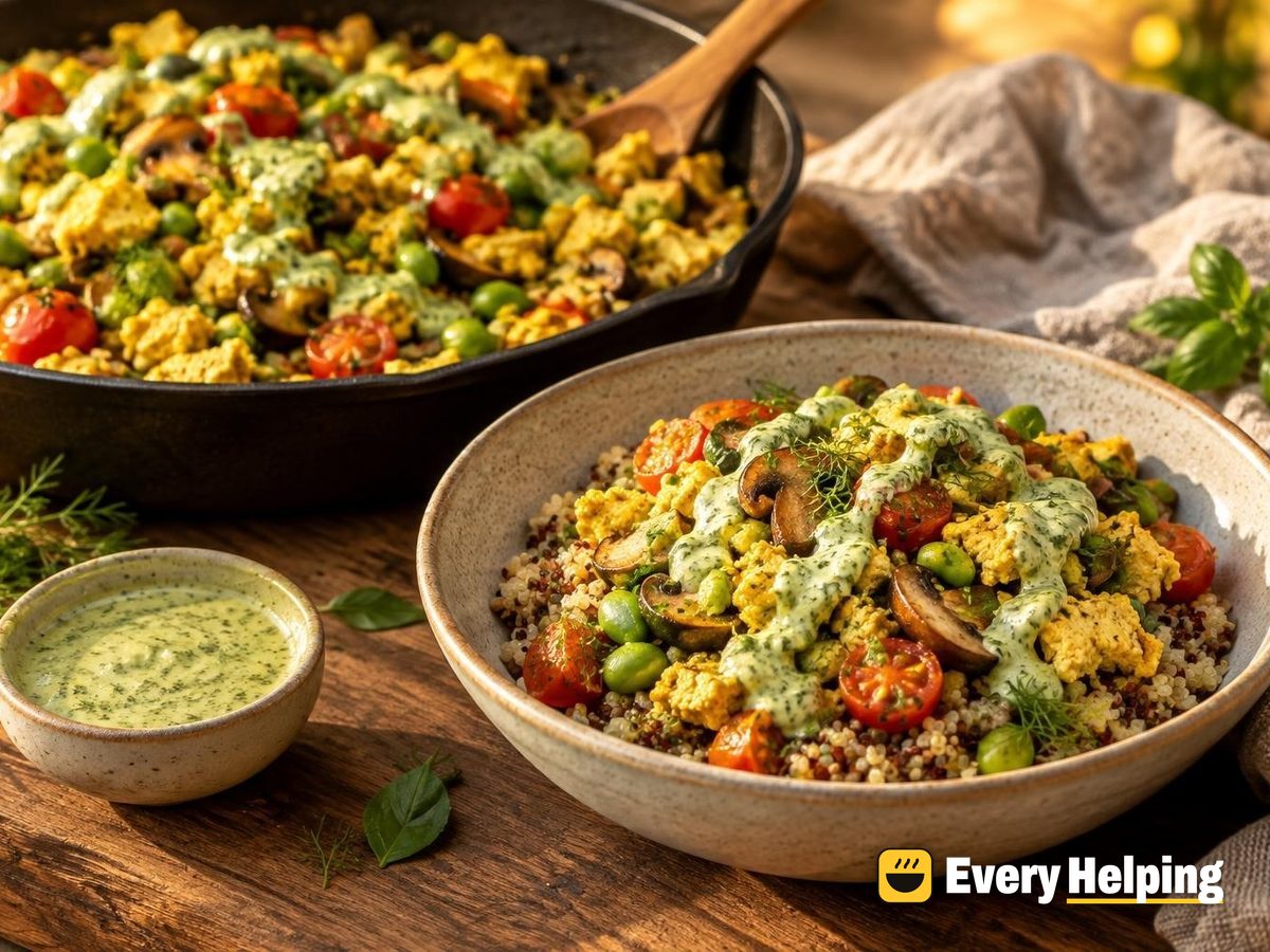 Tofu Scramble Quinoa Bowls with Basil-Dill Sauce