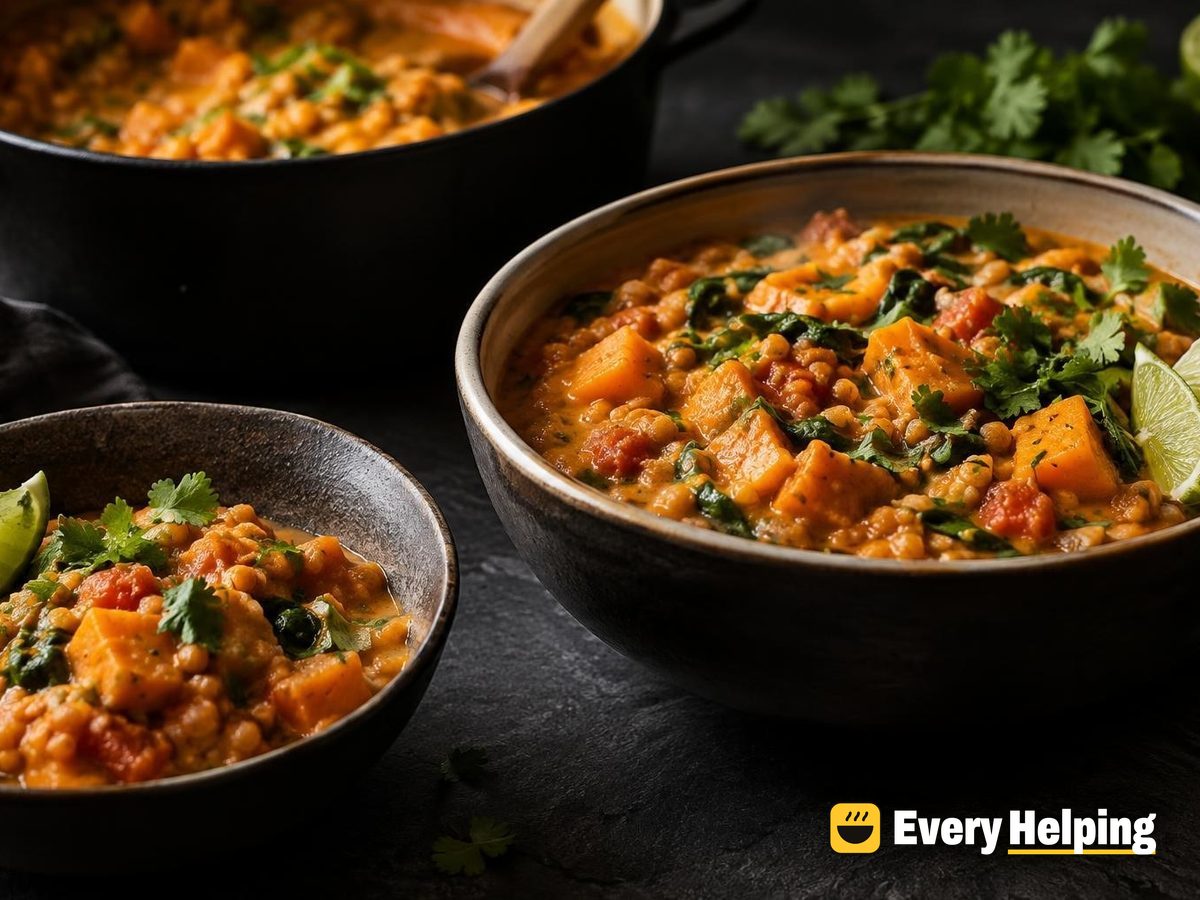 Red Lentil Curry with Sweet Potato and Spinach