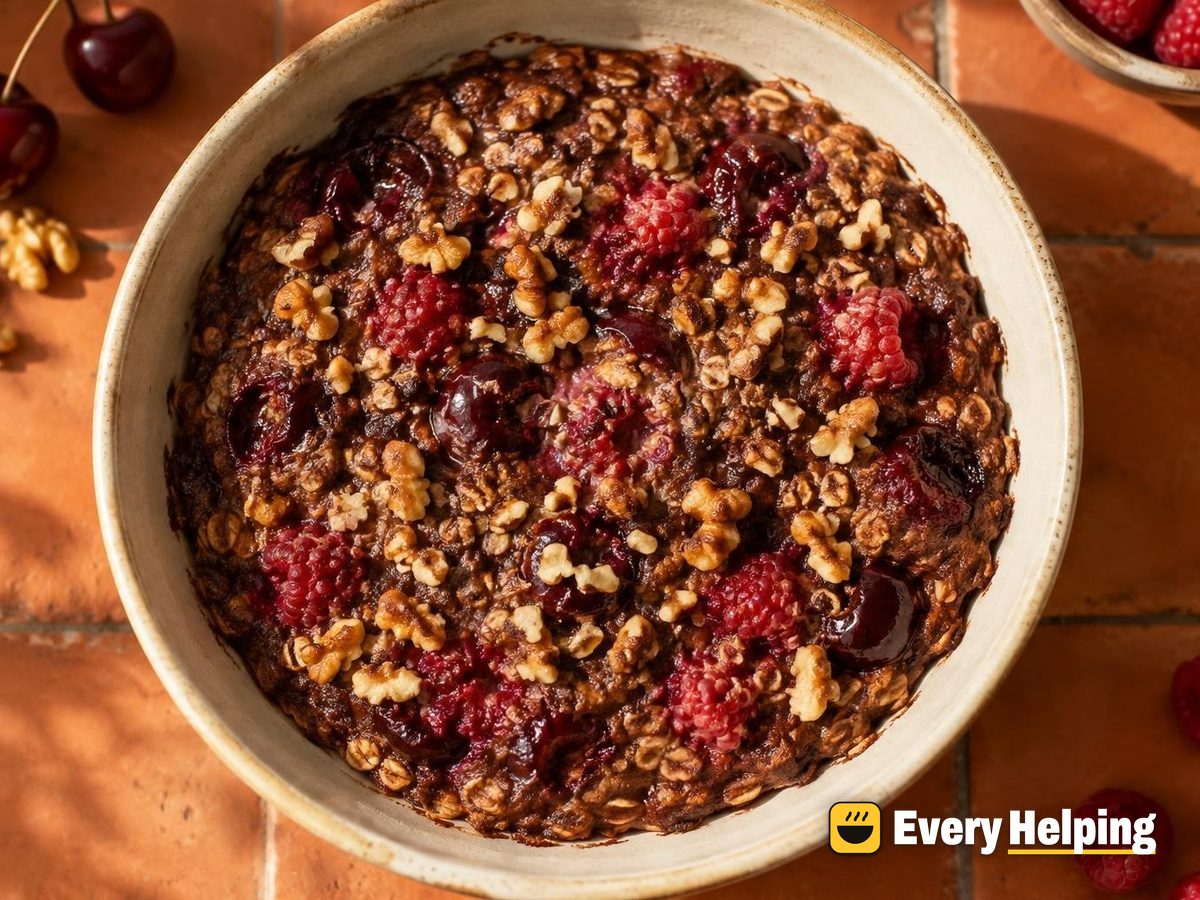 Cherry Cocoa Baked Oatmeal with Raspberries