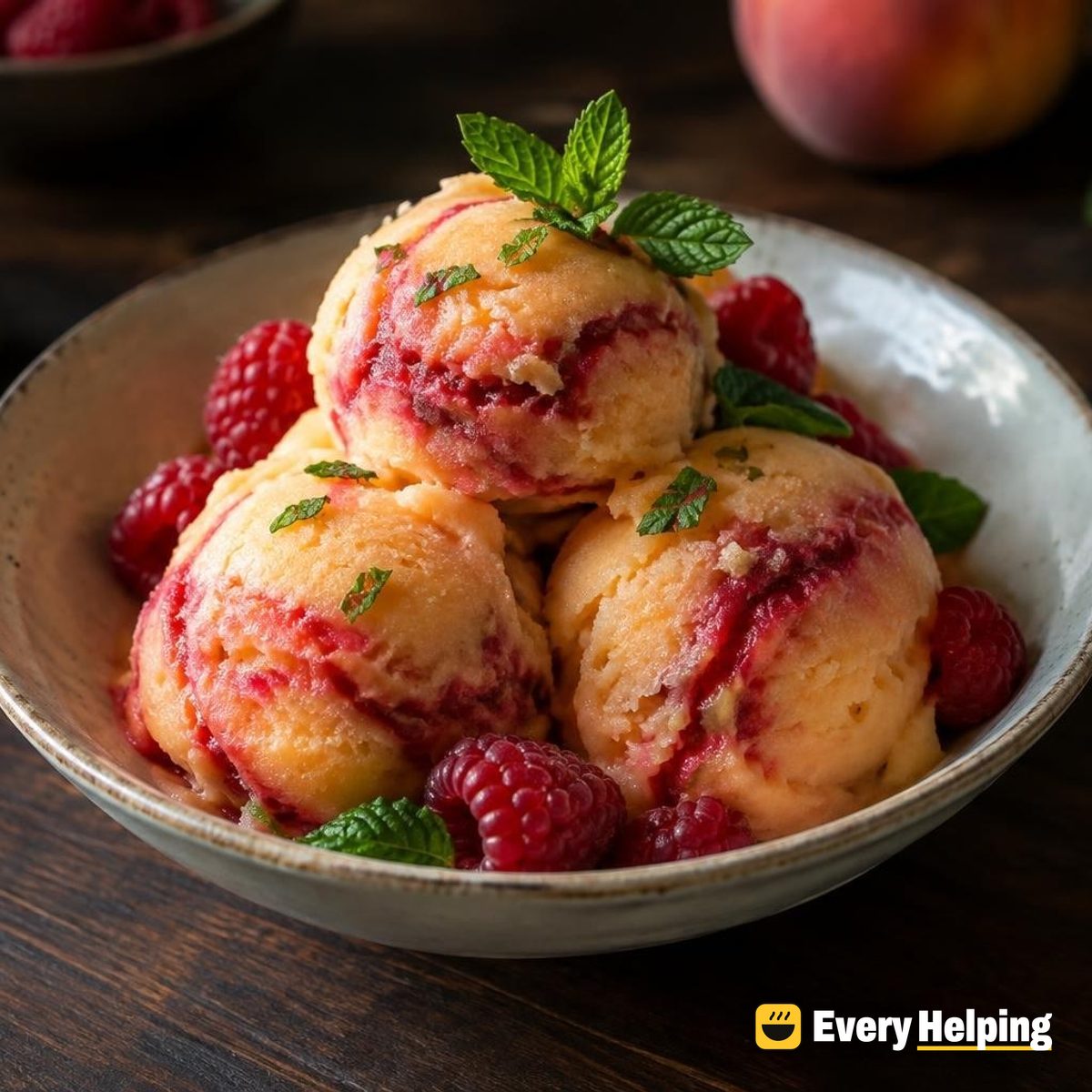 Peach Raspberry Ripple Sorbet with Mint