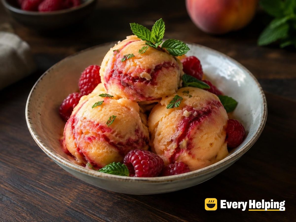 Peach Raspberry Ripple Sorbet with Mint