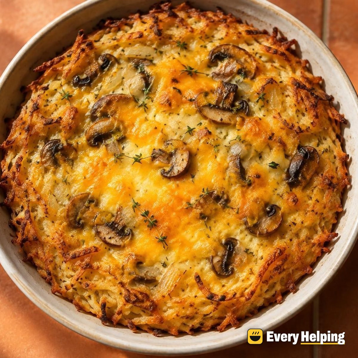 Hash Brown–Crusted Cheddar Mushroom Egg Bake